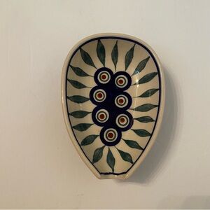 POLISH POTTERY SPOON REST BLUE WHITE GREEN PEACOCK HANDMADE HOME KITCHEN